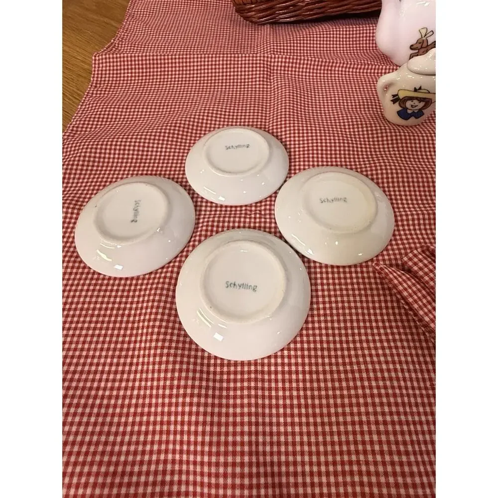 Vintage Schylling Madeline Tea Set Wicker Picnic Basket Complete Set Gingham 90s